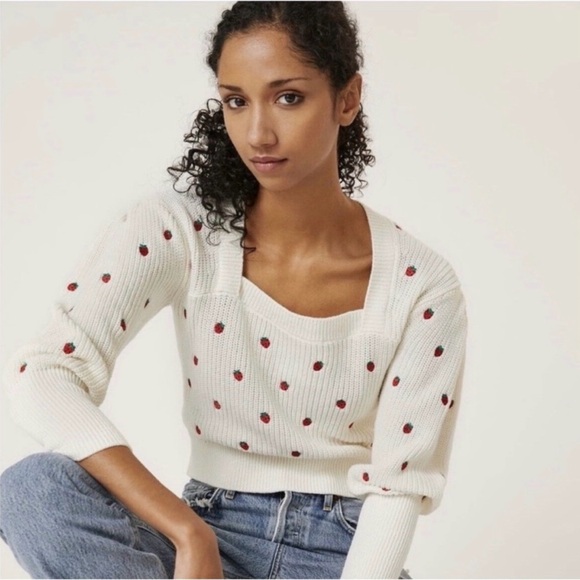 Maeve Sweaters - Anthropologie Maeve Strawberry Embroidered Square Neck Sweater Small